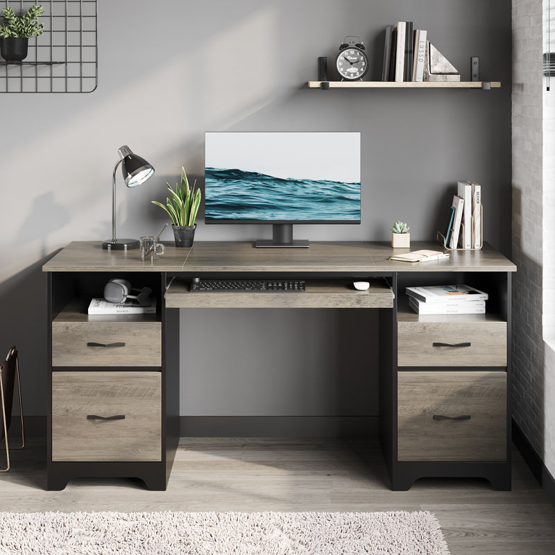 Luing 59 Executive Desk with 2 File and Storage Drawers Computer Writing Desk with Keyboard Tray and 2 Open Compartments for Home Office Gray